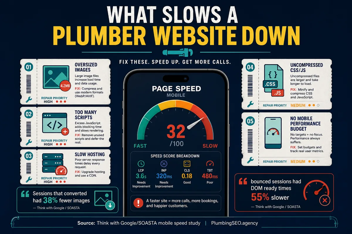 Infographic showing common plumber website speed problems including oversized images, scripts, slow hosting, CSS, and no performance budget