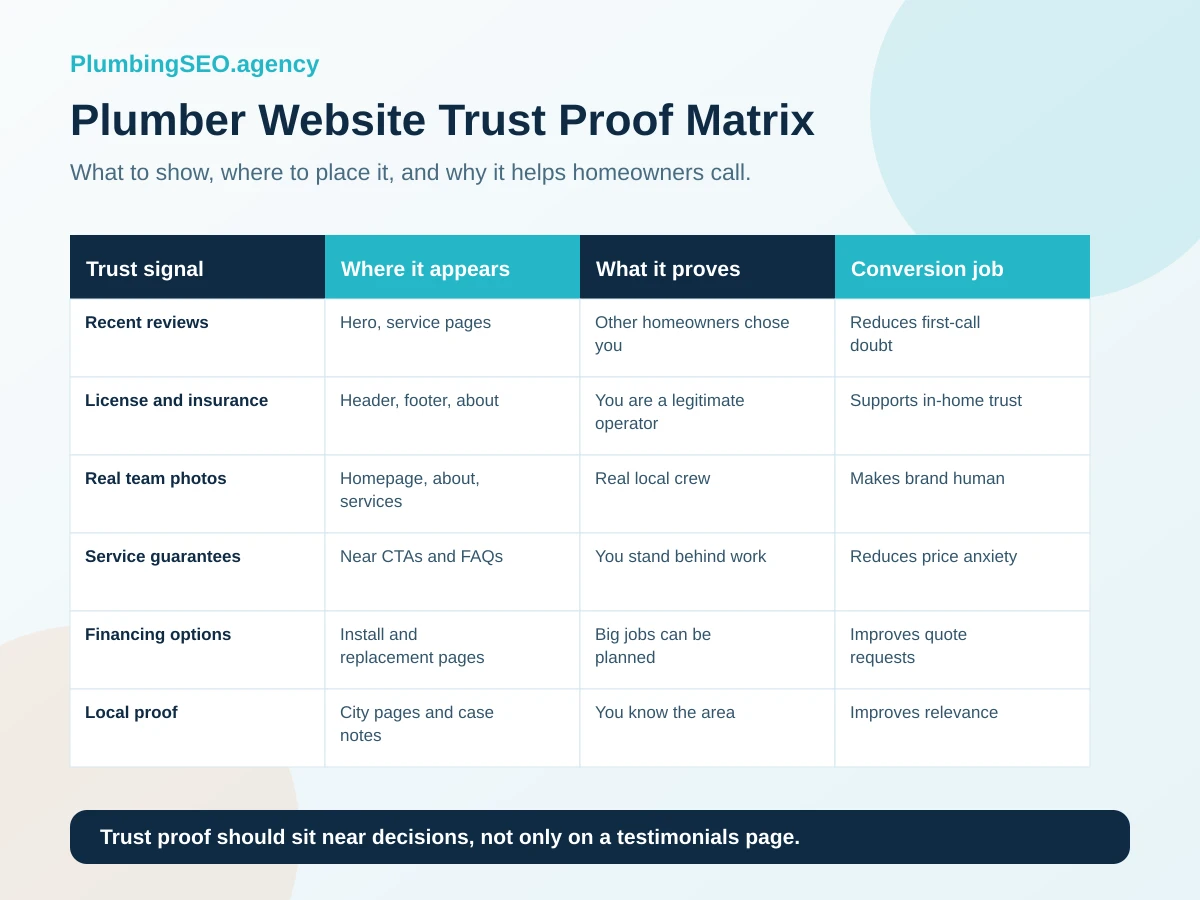Plumber website trust proof matrix showing what proof to show and where