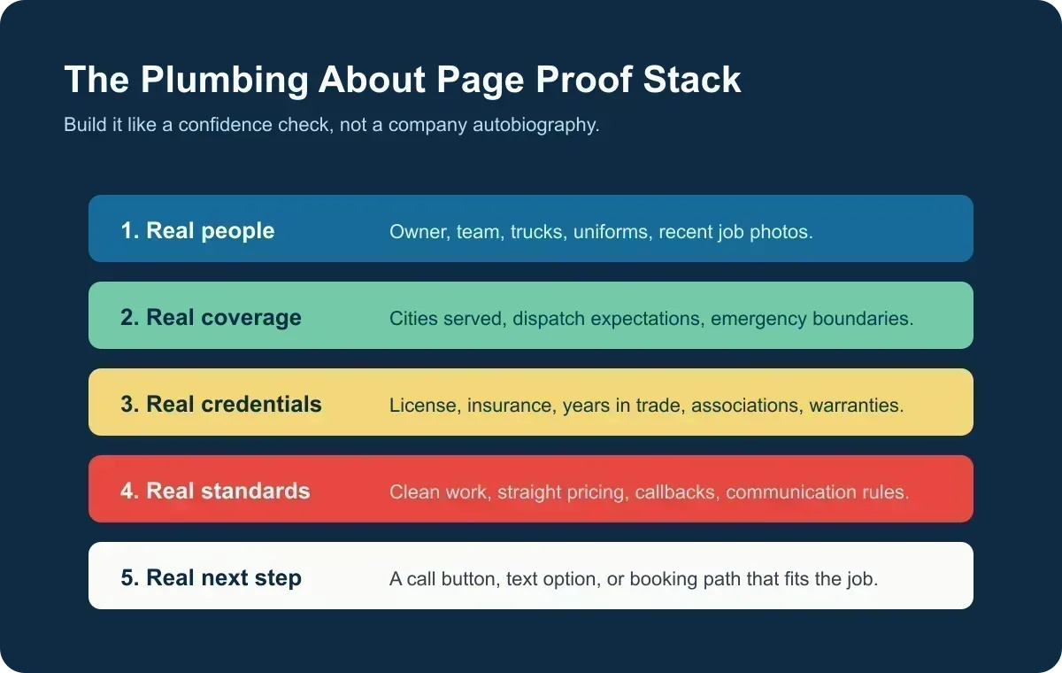 Infographic listing the proof stack for a plumbing About page: people, coverage, credentials, standards, and next step
