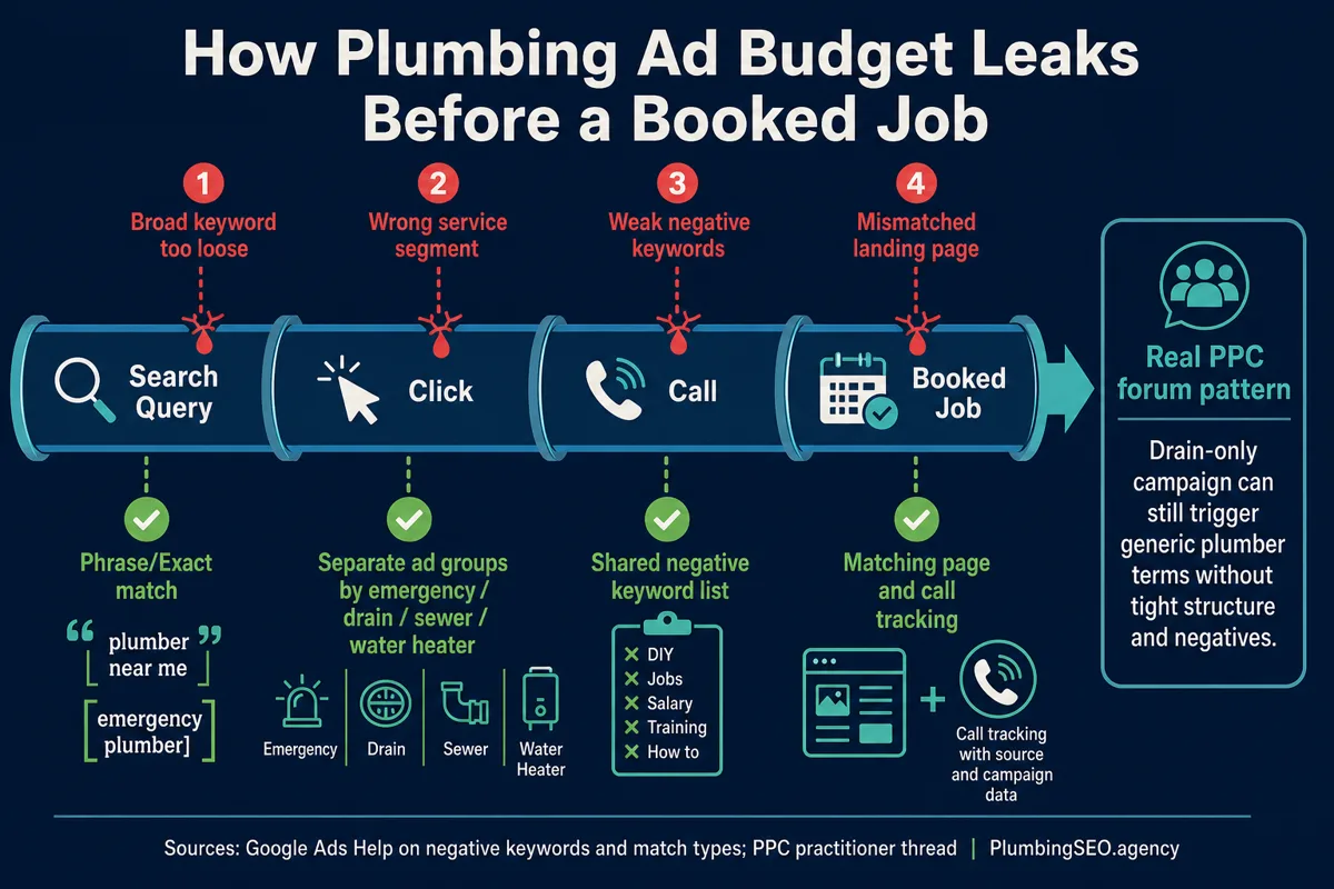 Plumbing Google Ads budget leaks from broad keywords, wrong service segments, weak negatives, and mismatched landing pages