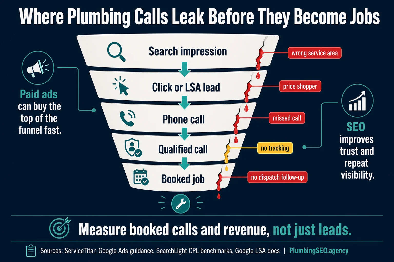 Call funnel showing where plumbing advertising and SEO calls leak before becoming booked jobs