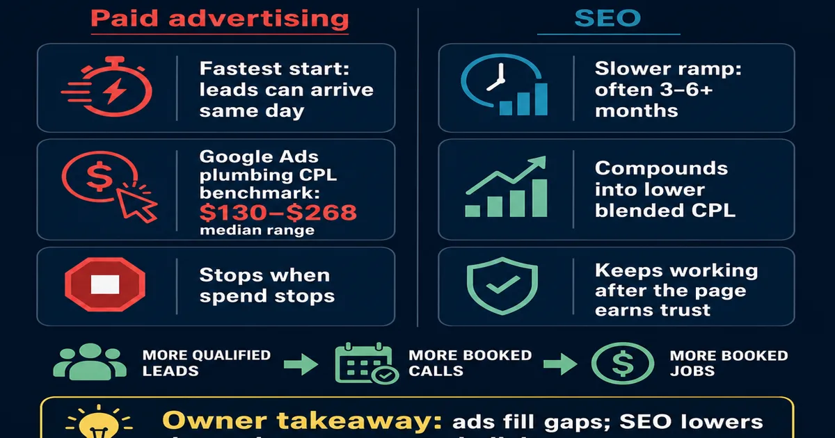 Plumbing advertising and SEO booked-call economics comparison