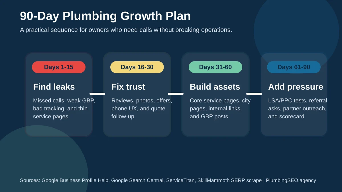 90-day plumbing business growth plan with phases for finding leaks, fixing trust, building assets, and adding paid pressure
