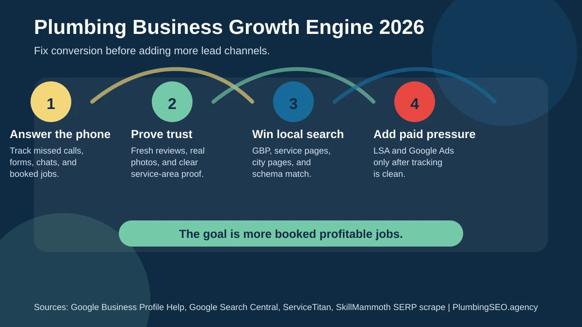 Plumbing business growth engine showing phone answering, trust proof, local search, and paid lead pressure