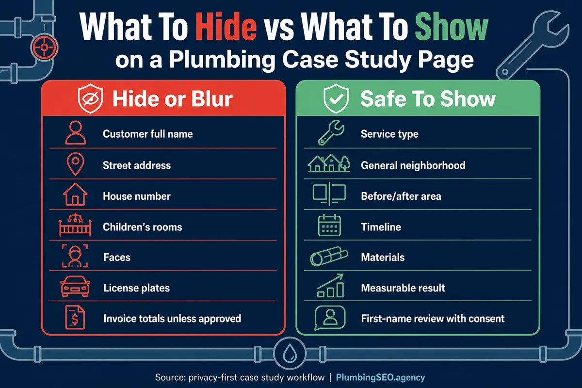 Infographic comparing what to hide or blur and what is safe to show on a plumbing case study page