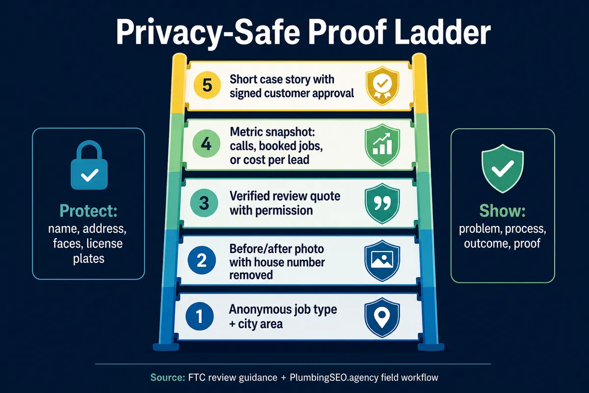 Plumber SEO case study proof ladder linking baselines and work performed to qualified calls