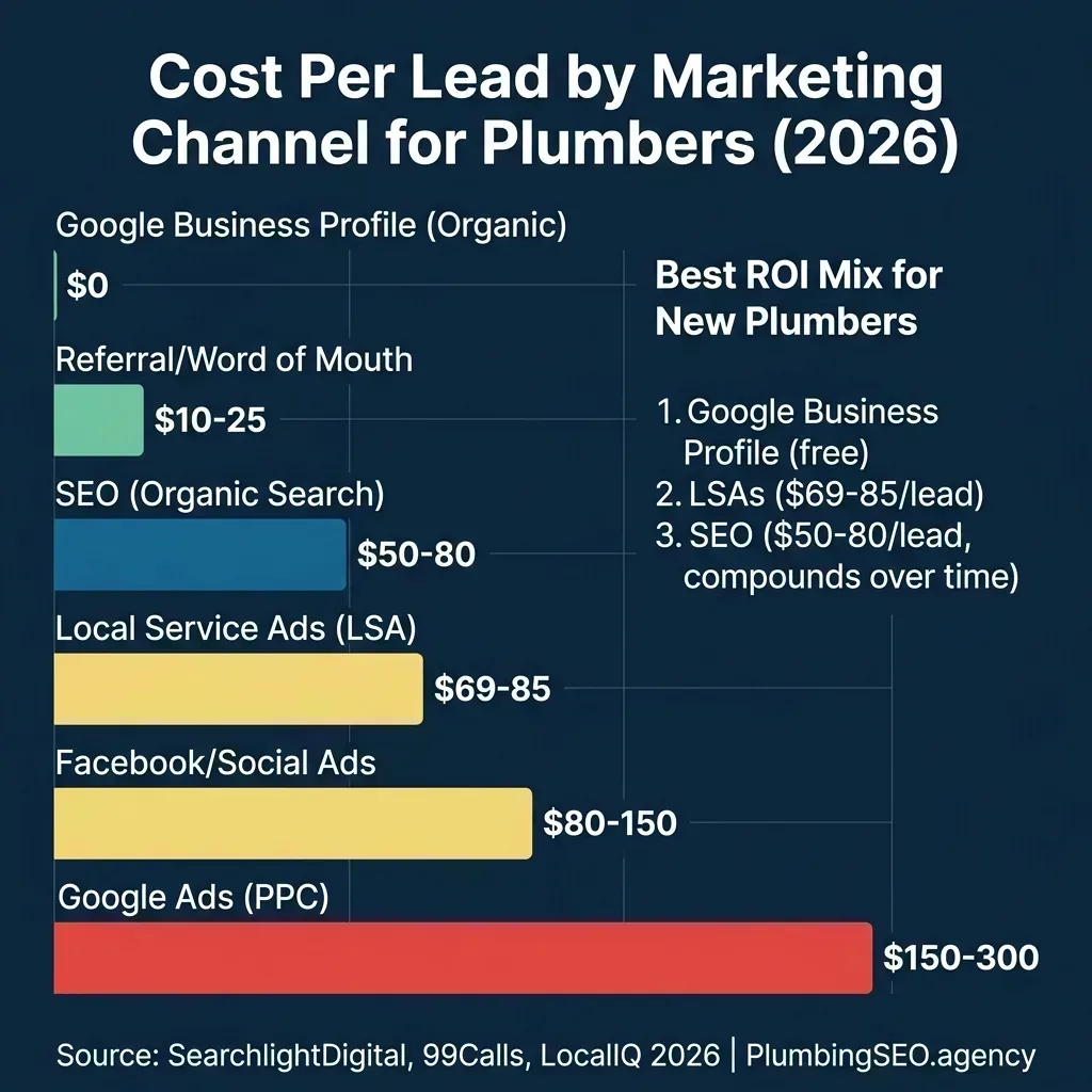 Cost per lead by marketing channel for plumbers in 2026 showing Google Business Profile at $0, LSAs at $69-85, and Google Ads PPC at $150-300