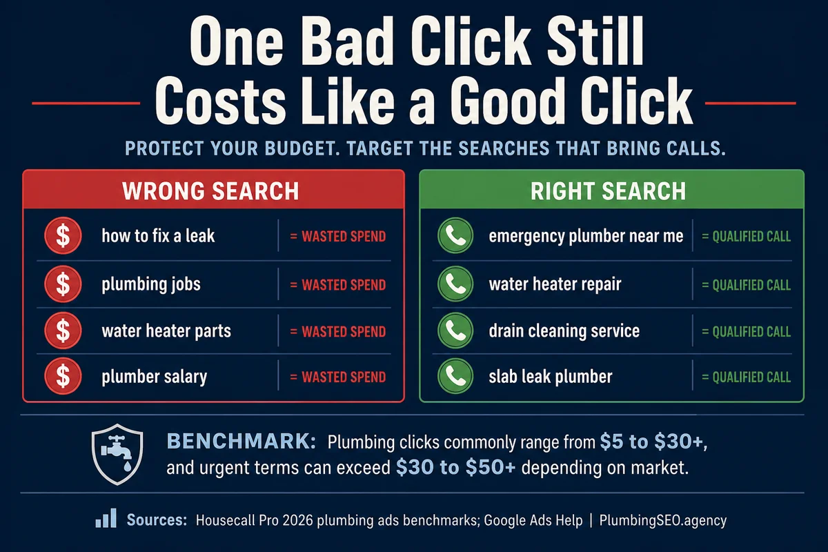 Wrong versus right plumbing Google Ads searches for negative keyword cleanup