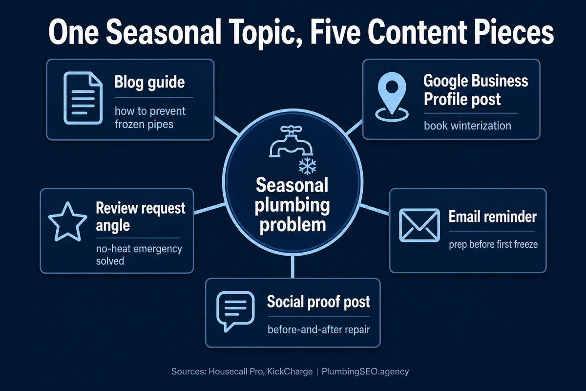 One seasonal plumbing topic turned into a blog guide, Google Business Profile post, review request, email reminder, and social proof post