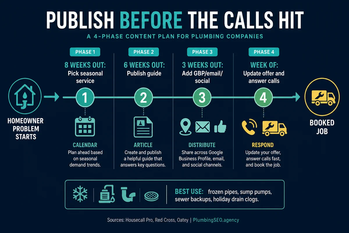 Four phase plumbing content calendar timeline showing when to publish seasonal service guides before calls hit