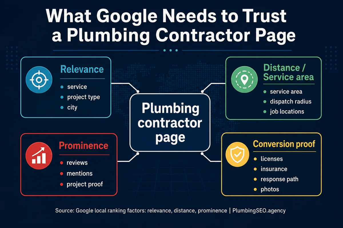 Google trust factors for a plumbing contractor page including relevance, service area, prominence, and conversion proof