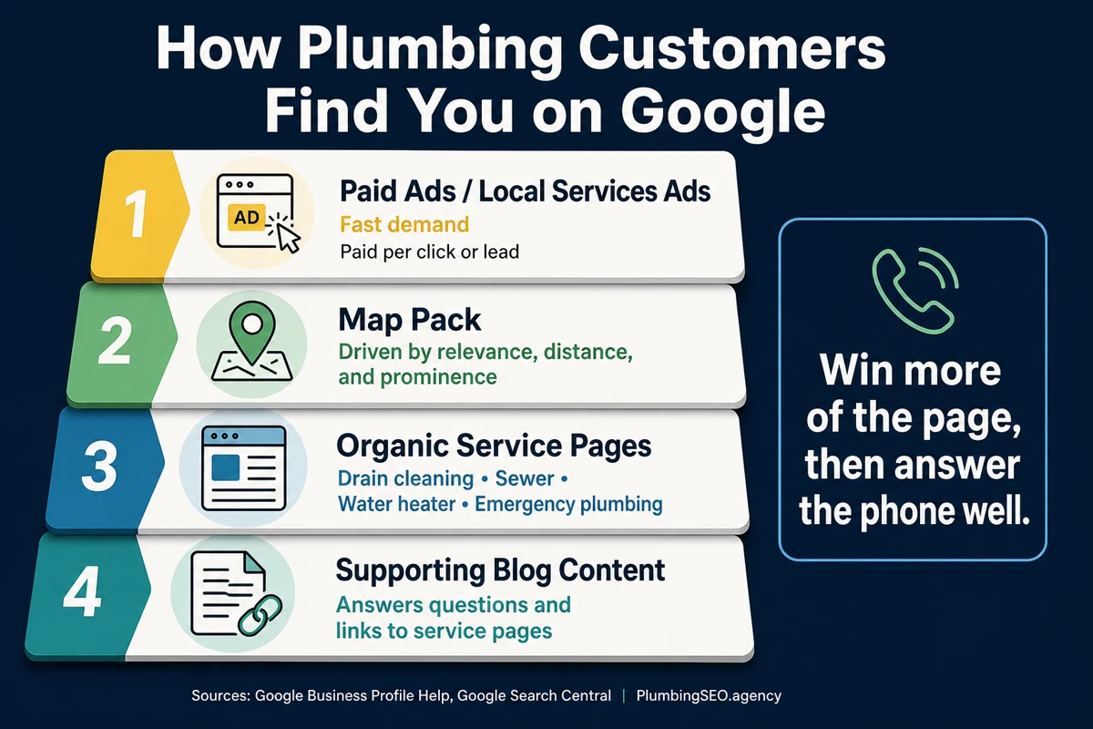 Google search result stack showing paid ads, map pack, organic service pages, and supporting blog content for plumbing customers