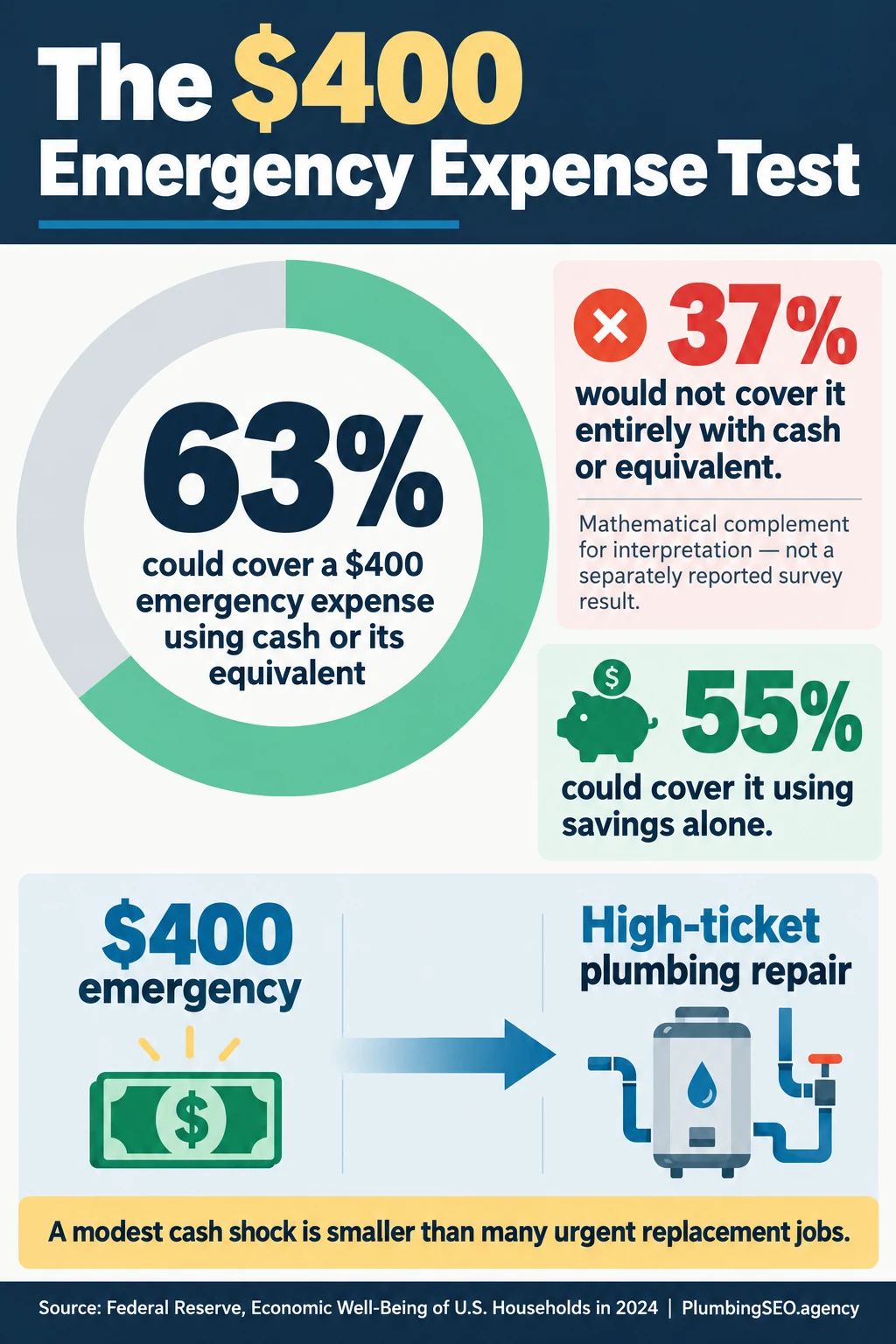 Federal Reserve 400 dollar emergency expense infographic showing cash coverage, savings coverage, and the derived affordability gap