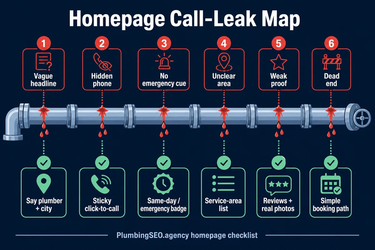 Plumbing homepage call leak map showing where homeowners drop off before calling