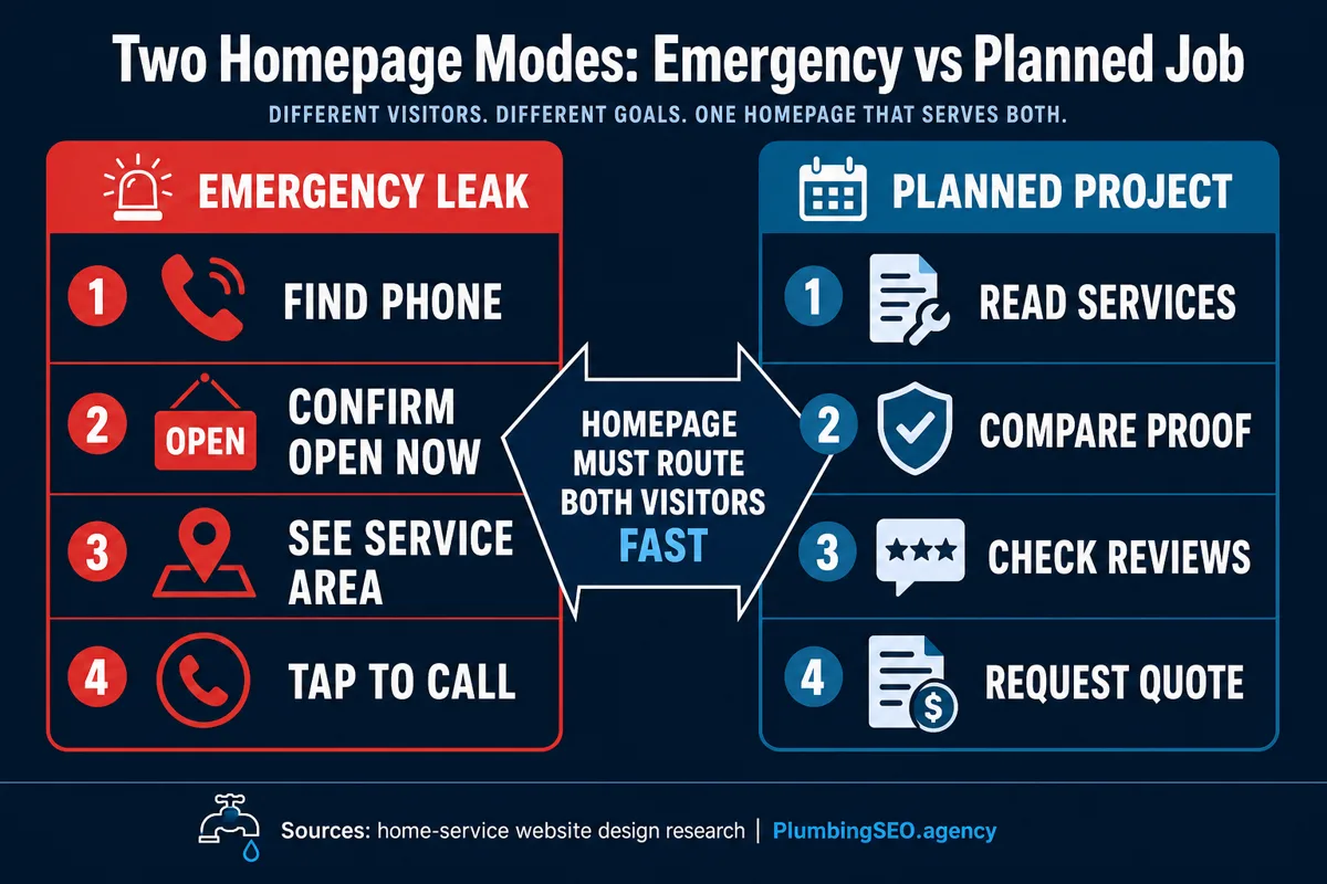 Emergency versus planned plumbing homepage paths with different calls to action and trust needs