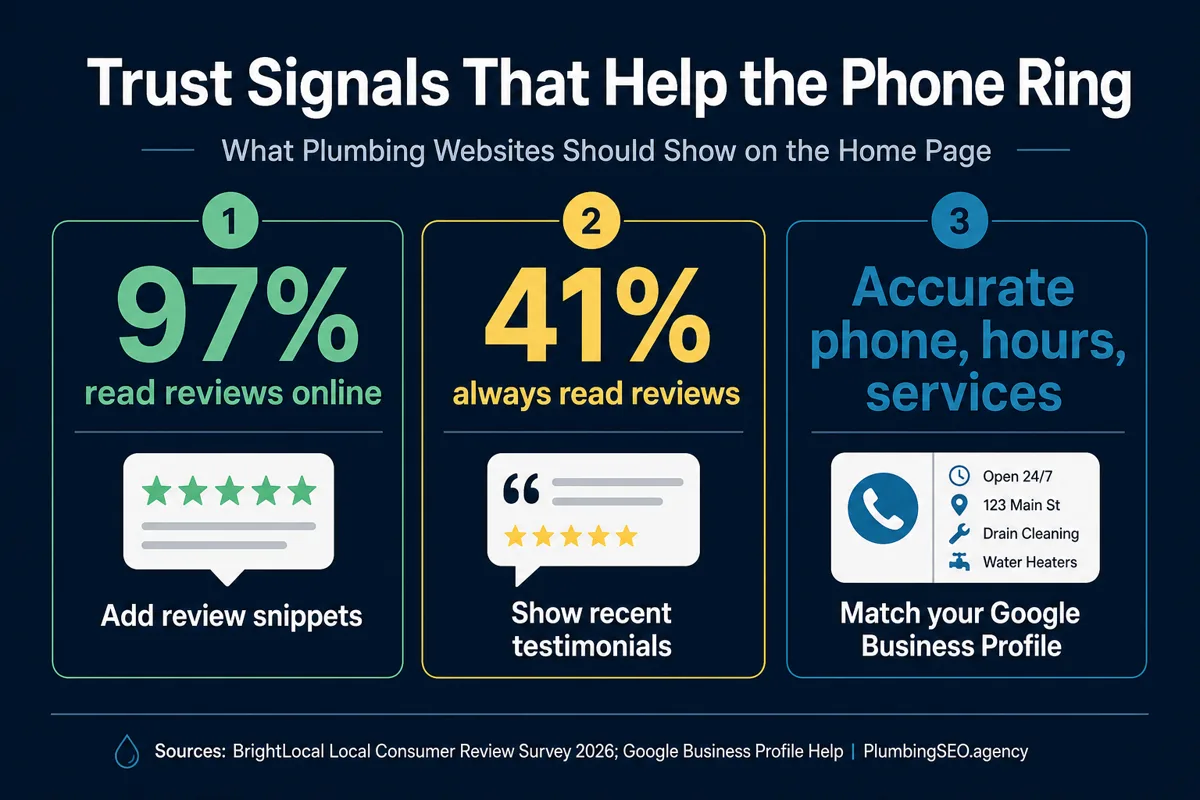 Plumbing homepage trust signal stack with reviews, license proof, real photos, guarantees, and service proof