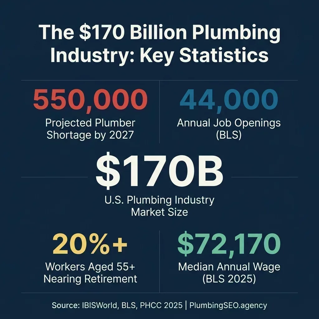 Key plumbing industry statistics showing $170 billion market size, 550,000 worker shortage, 44,000 annual job openings, and $72,170 median wage