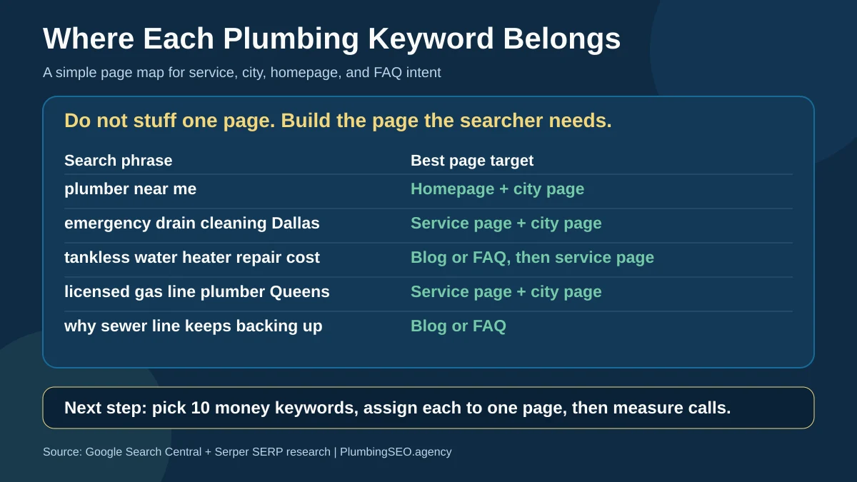 Keyword-to-page map showing where plumbing keywords belong across homepage, service page, city page, and blog or FAQ content