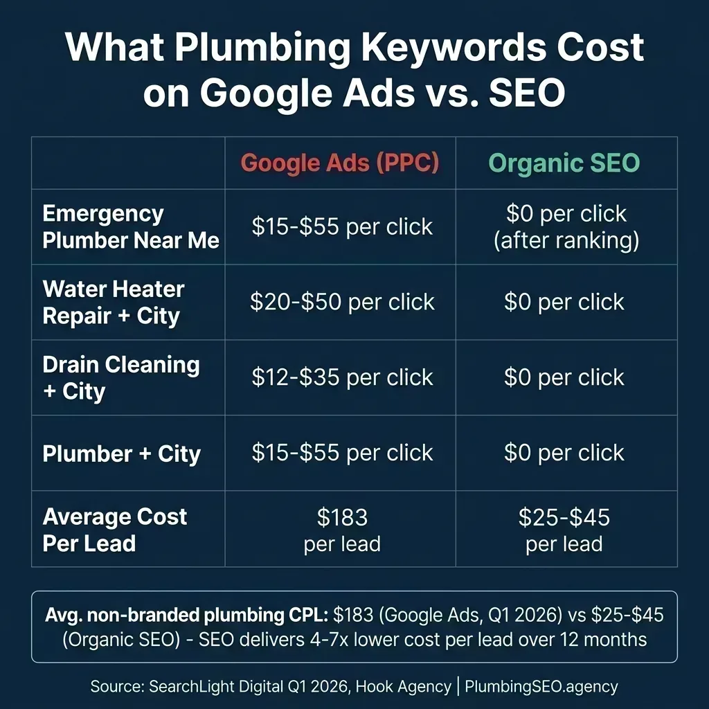 Comparison of plumbing keyword costs on Google Ads versus organic SEO, showing emergency plumber near me at $15-$55 per click on PPC versus $0 on organic, and average cost per lead of $183 PPC versus $25-$45 organic SEO