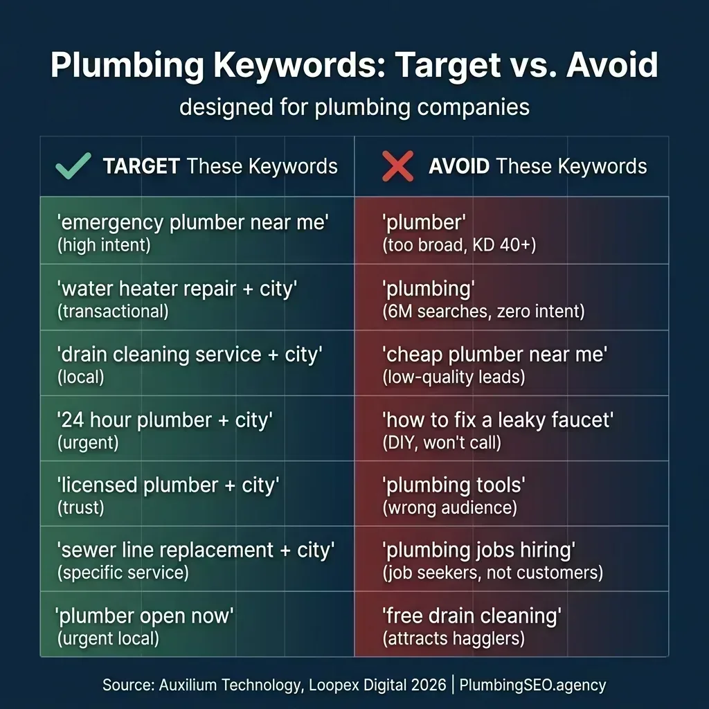 Plumbing keywords to target versus avoid comparison, showing high-intent terms like emergency plumber near me as targets and broad terms like plumbing and cheap plumber near me as ones to avoid