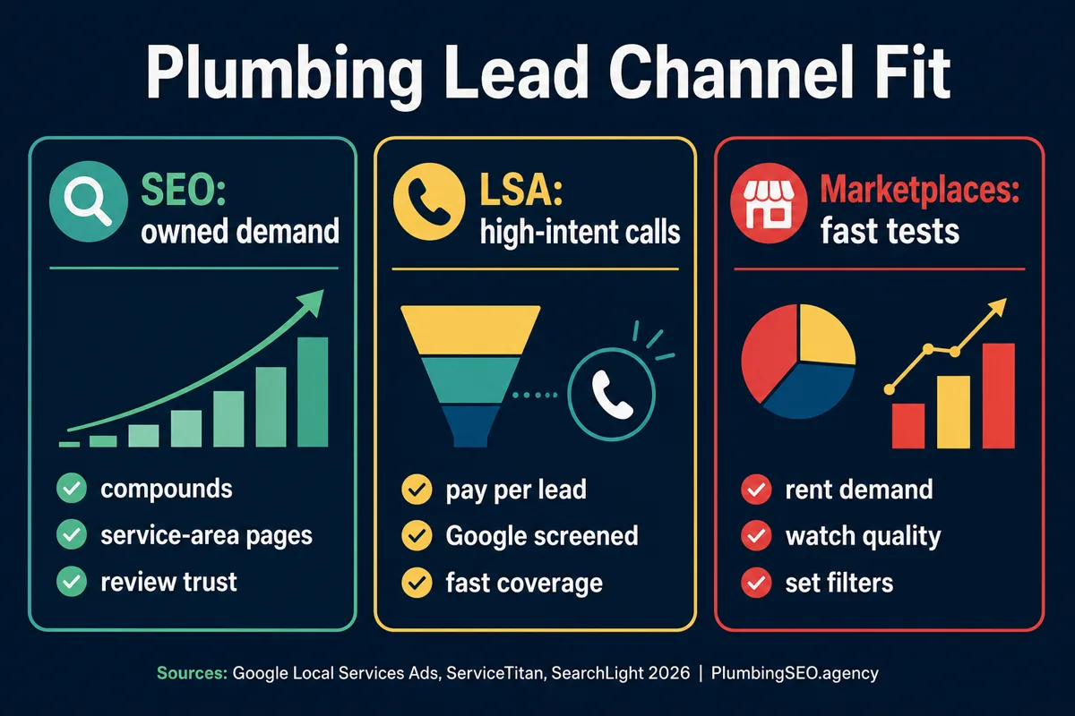 List of plumbing lead generation company types including owned SEO, Google Local Services Ads, marketplaces, pay-per-call vendors, and agencies