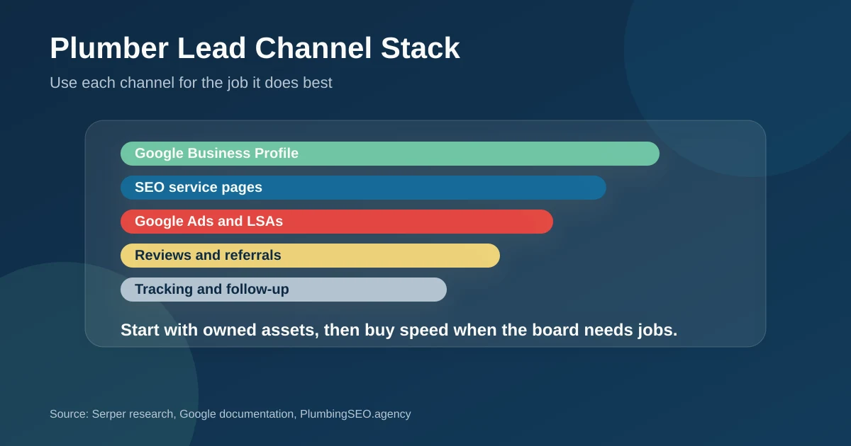 Owned and paid plumbing lead channel stack for SEO, Maps, Google Ads, LSAs, reviews, and tracking