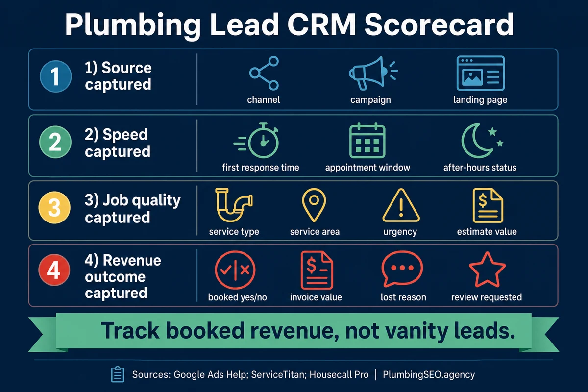 Plumbing lead CRM scorecard with source, speed, job quality, and revenue outcome fields