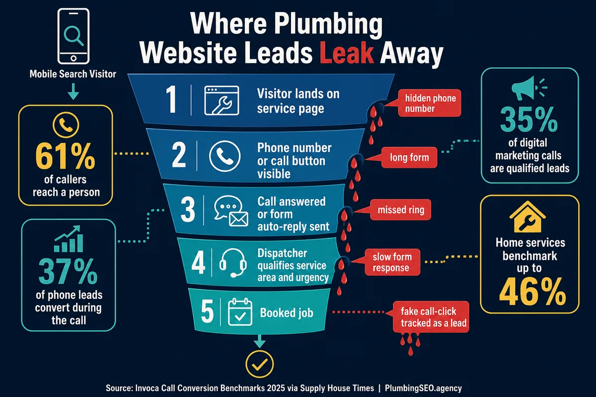 Plumbing website lead funnel showing hidden phone numbers, long forms, missed rings, slow form response, and fake call-click tracking leaks
