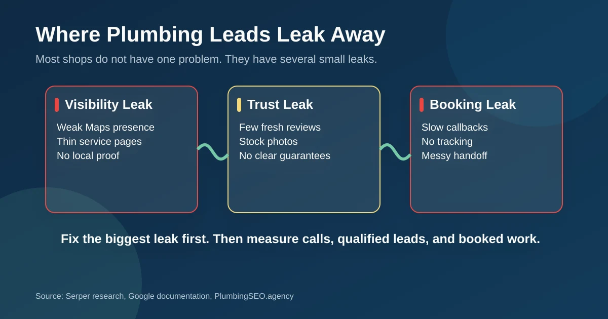 Plumbing lead leak map showing where calls are lost between search, landing pages, intake, and booked jobs