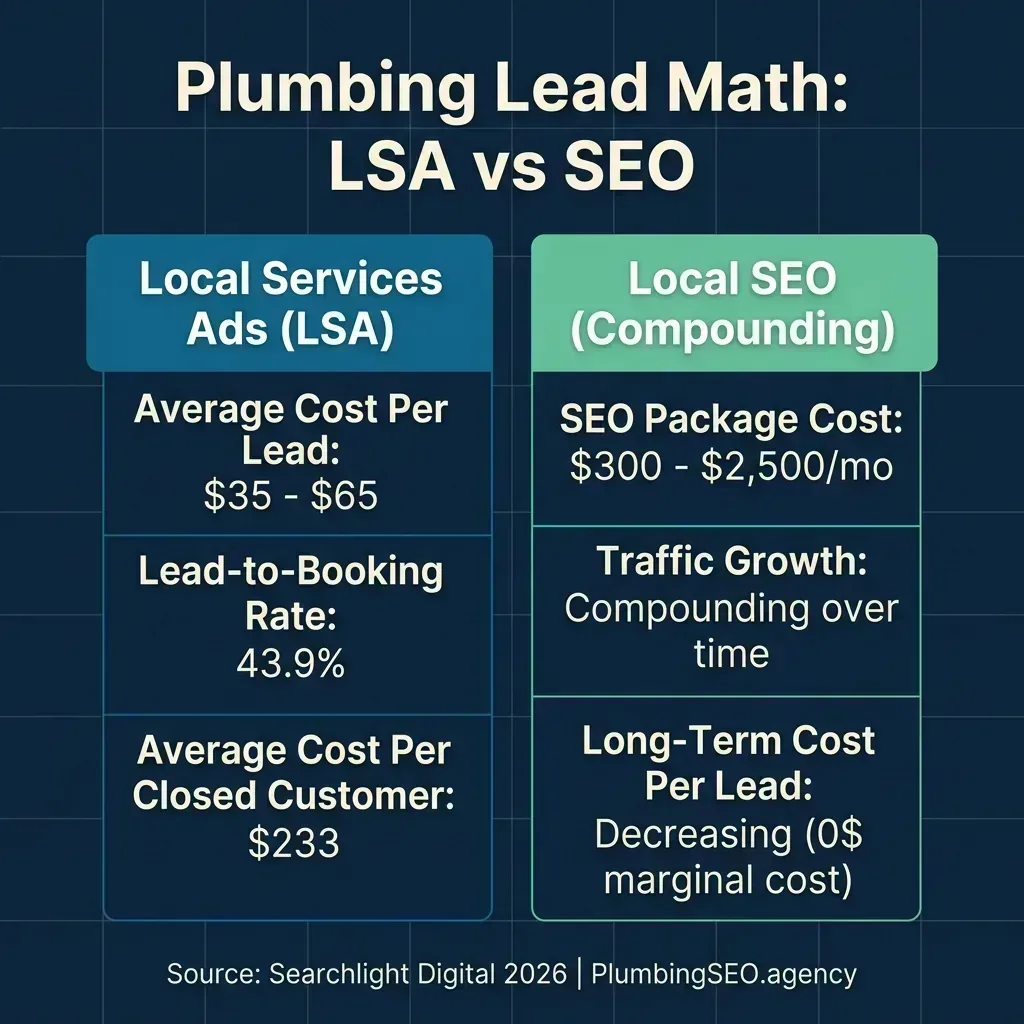 Lead generation math comparison showing LSA pay-per-lead metrics against the compounding, flat-rate nature of Local SEO.