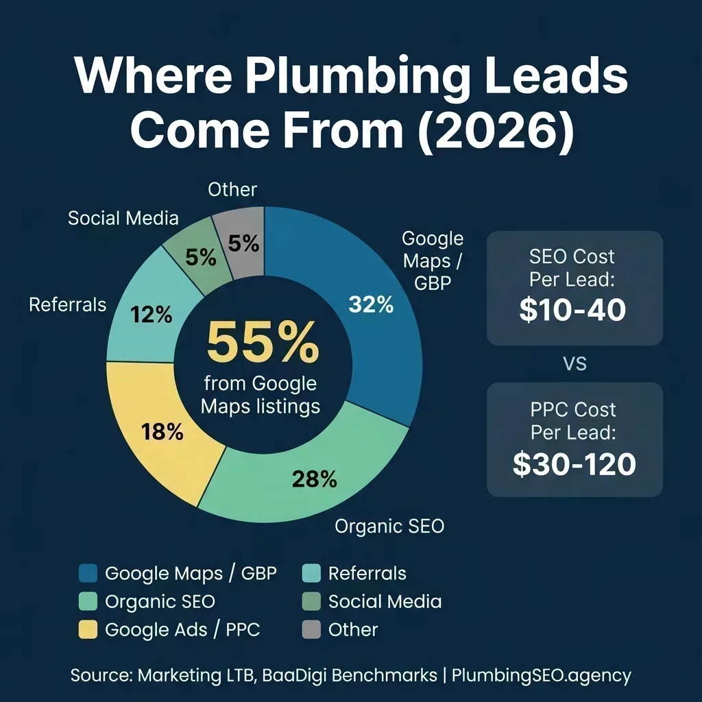 Donut chart showing where plumbing leads come from: Google Maps/GBP 32%, Organic SEO 28%, Google Ads 18%, Referrals 12%, Social Media 5%, Other 5%