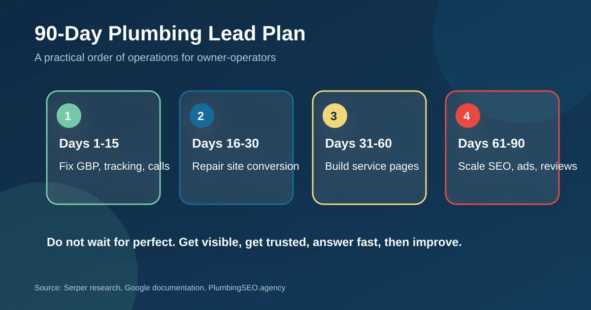 90-day plumbing leads plan for diagnosis, tracking fixes, channel launch, and booked-job reporting