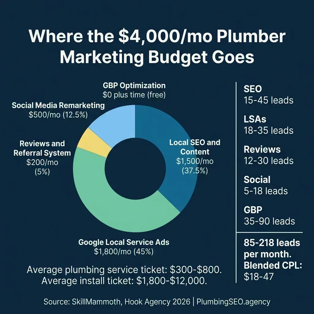 Plumbing marketing budget allocation showing how to distribute a $4,000 per month starter stack across SEO, LSAs, reviews, and social media