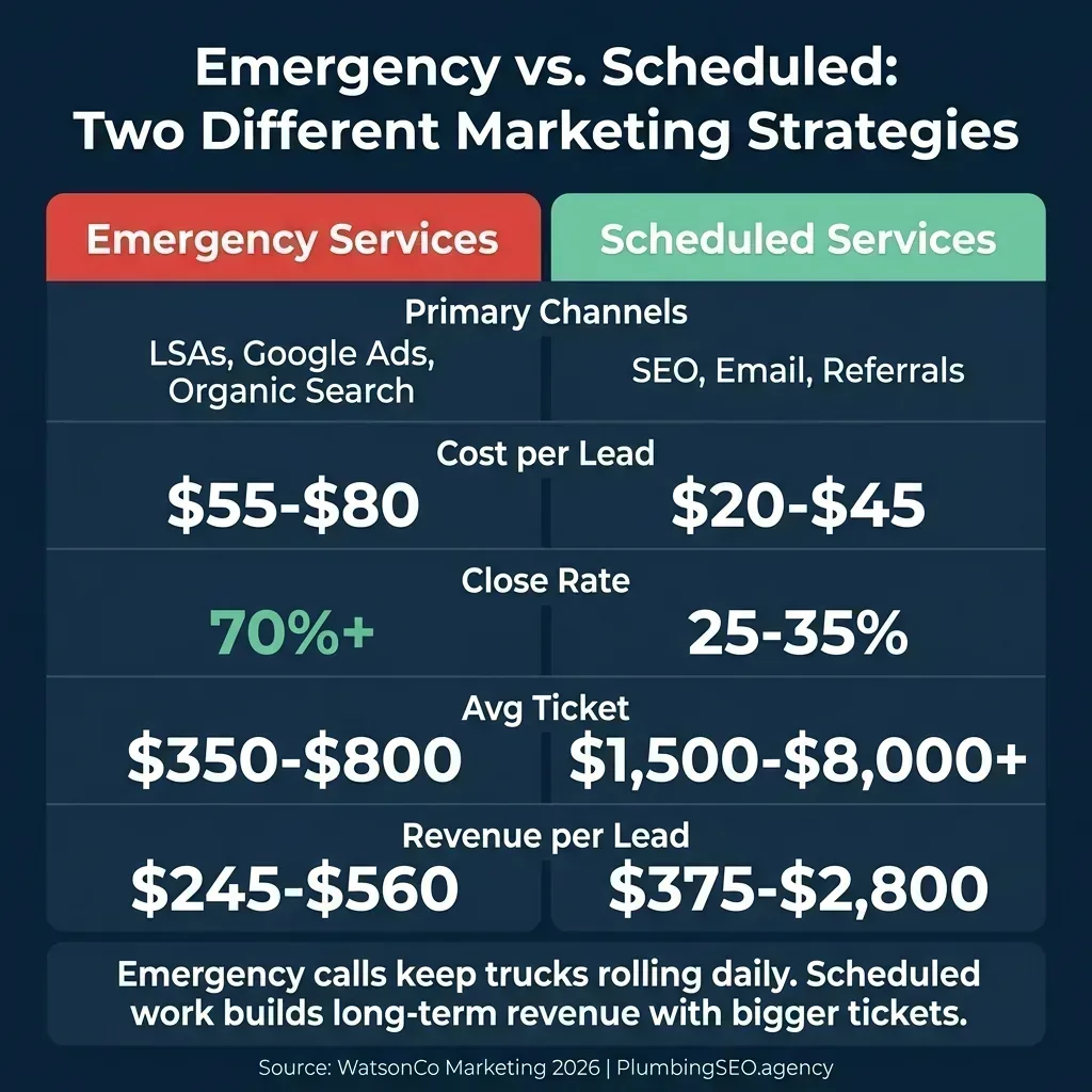 Comparison of emergency and scheduled plumbing marketing demand by channel and buyer intent