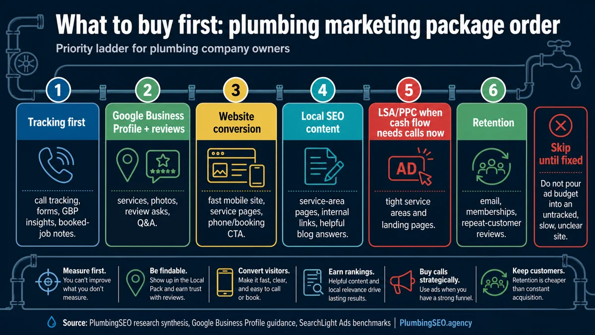 Infographic showing the recommended order for plumbing marketing packages: tracking, Google Business Profile, website conversion, local SEO, ads, and retention