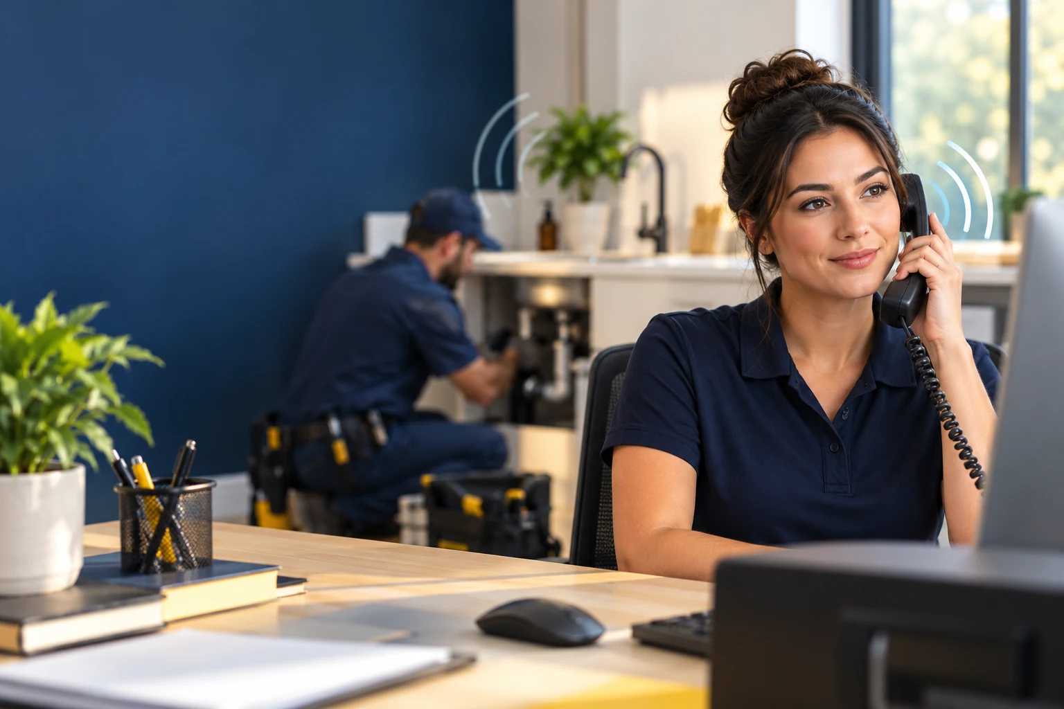 Professional home-service dispatcher answering an incoming plumbing call while a plumber works in the background