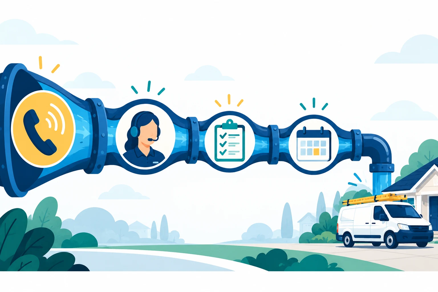 Illustrated plumbing lead funnel connecting an incoming call to an answered conversation, qualification, calendar booking, and service van