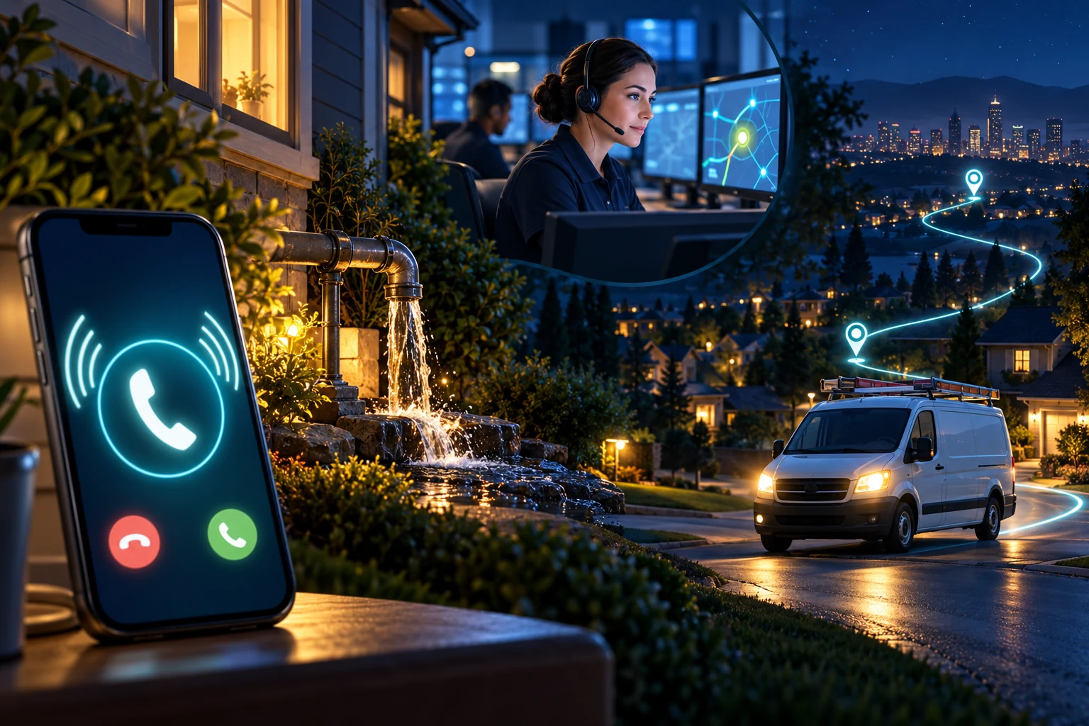 After-hours plumbing call scene with a leaking home, ringing smartphone, dispatcher, and service van connected at night