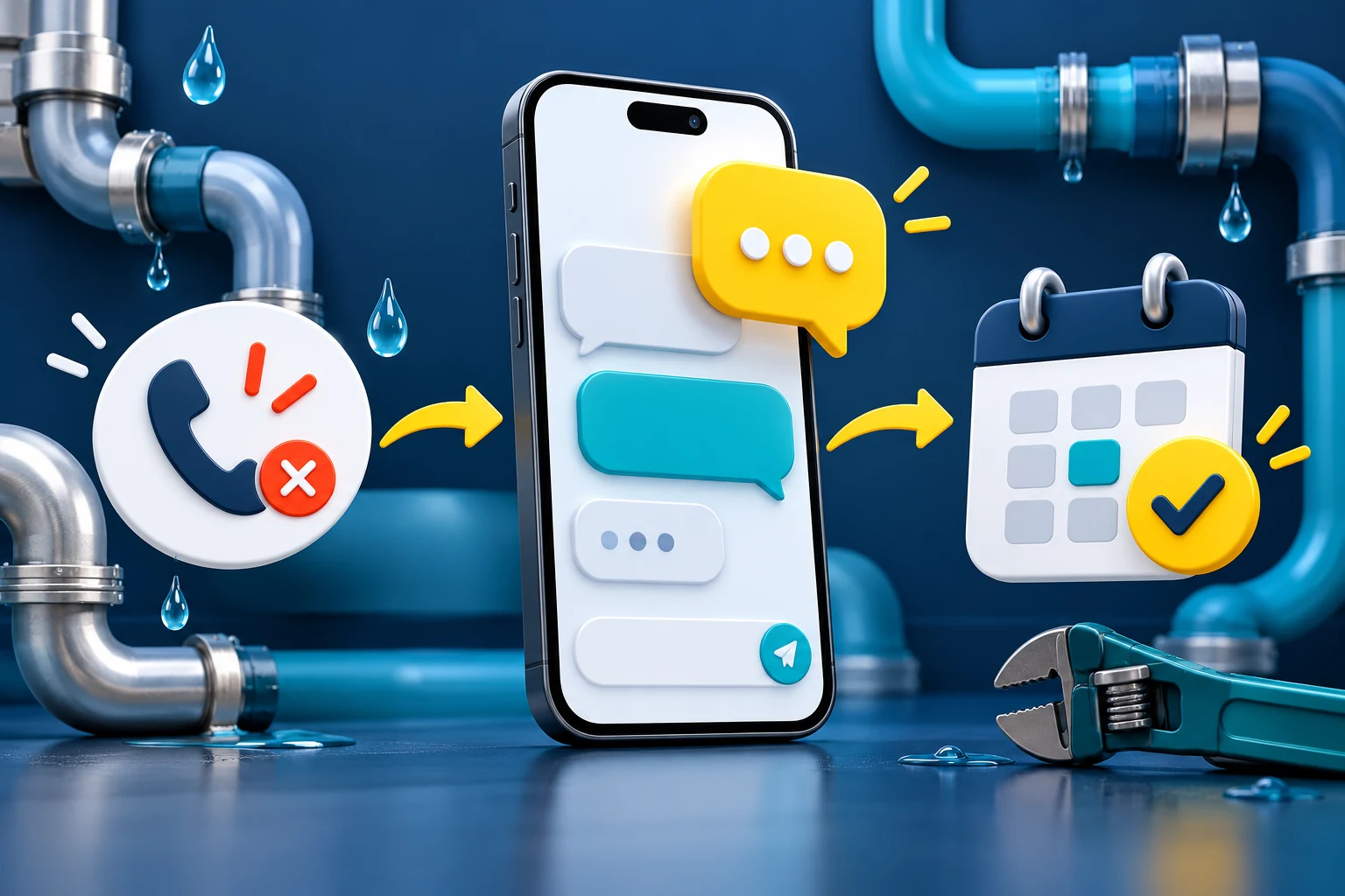 Smartphone illustration showing a missed plumbing call turning into a text reply and calendar booking