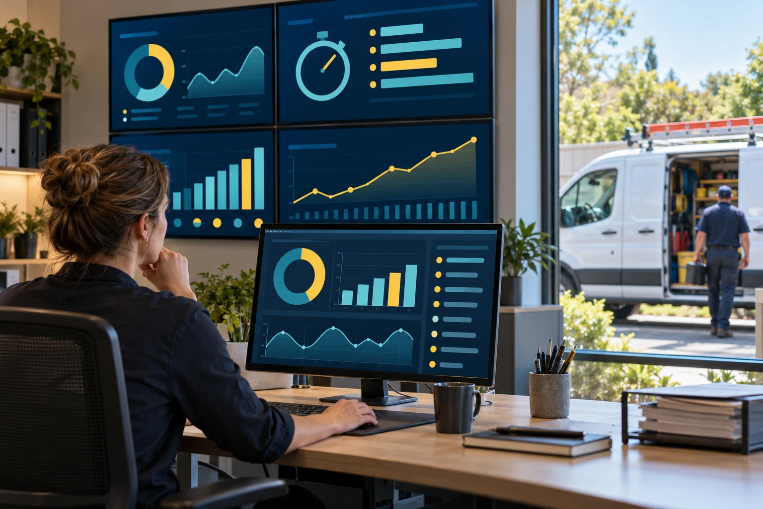 Plumbing office manager reviewing call answer, callback, booking, and revenue analytics on dashboard screens