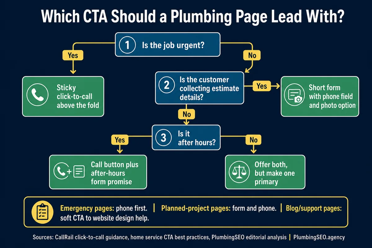 Decision tree for plumbing website calls to action showing when to use tap to call, short forms, financing prompts, or estimate requests