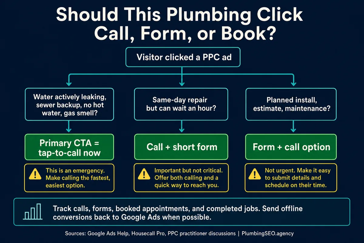 Decision tree showing whether a plumbing PPC visitor should call, submit a short form, or book based on urgency