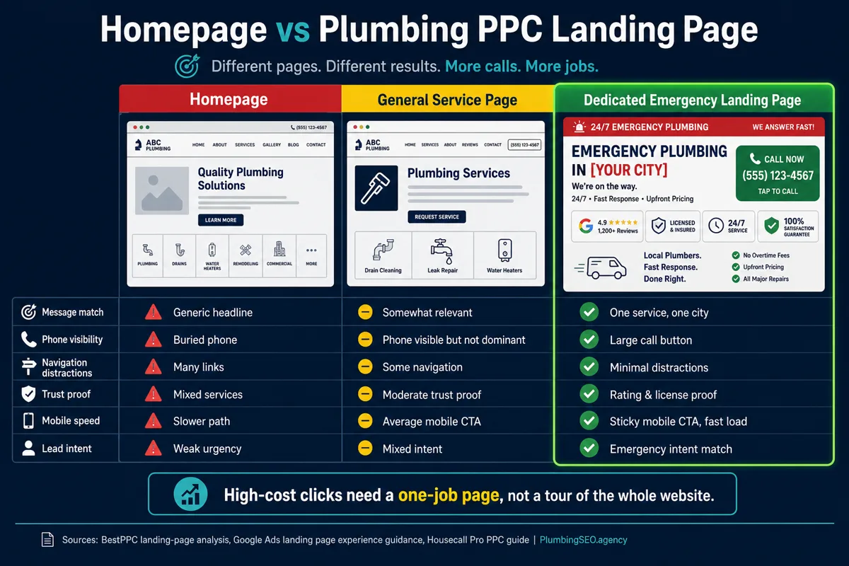 Homepage compared with a dedicated emergency plumbing PPC landing page for message match, phone visibility, distractions, trust proof, mobile speed, and urgency