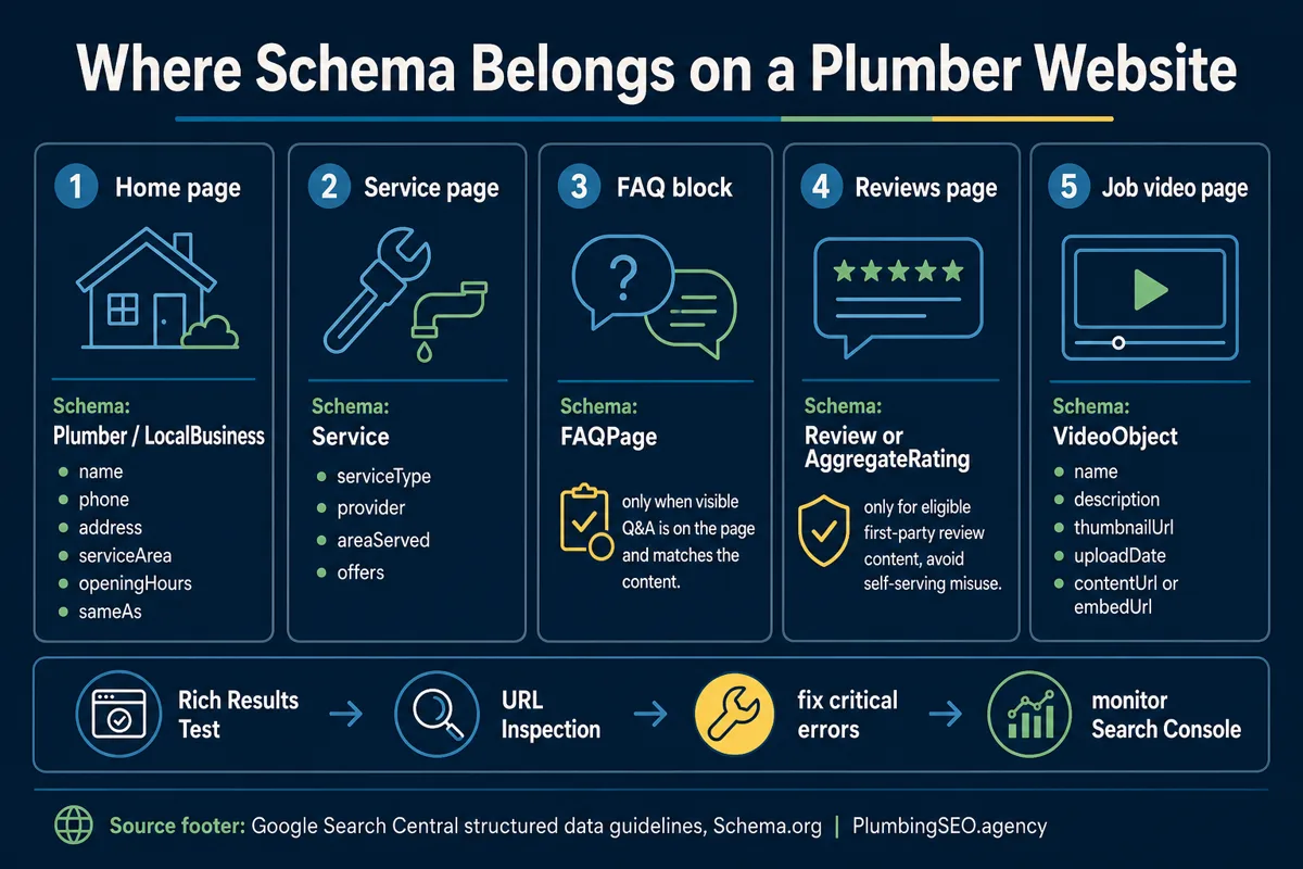 Schema markup map for plumbing website pages including LocalBusiness Service FAQ Review and Video