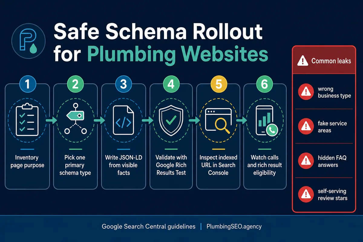 Infographic showing a six step safe schema rollout workflow for plumbing websites from page inventory to Search Console monitoring