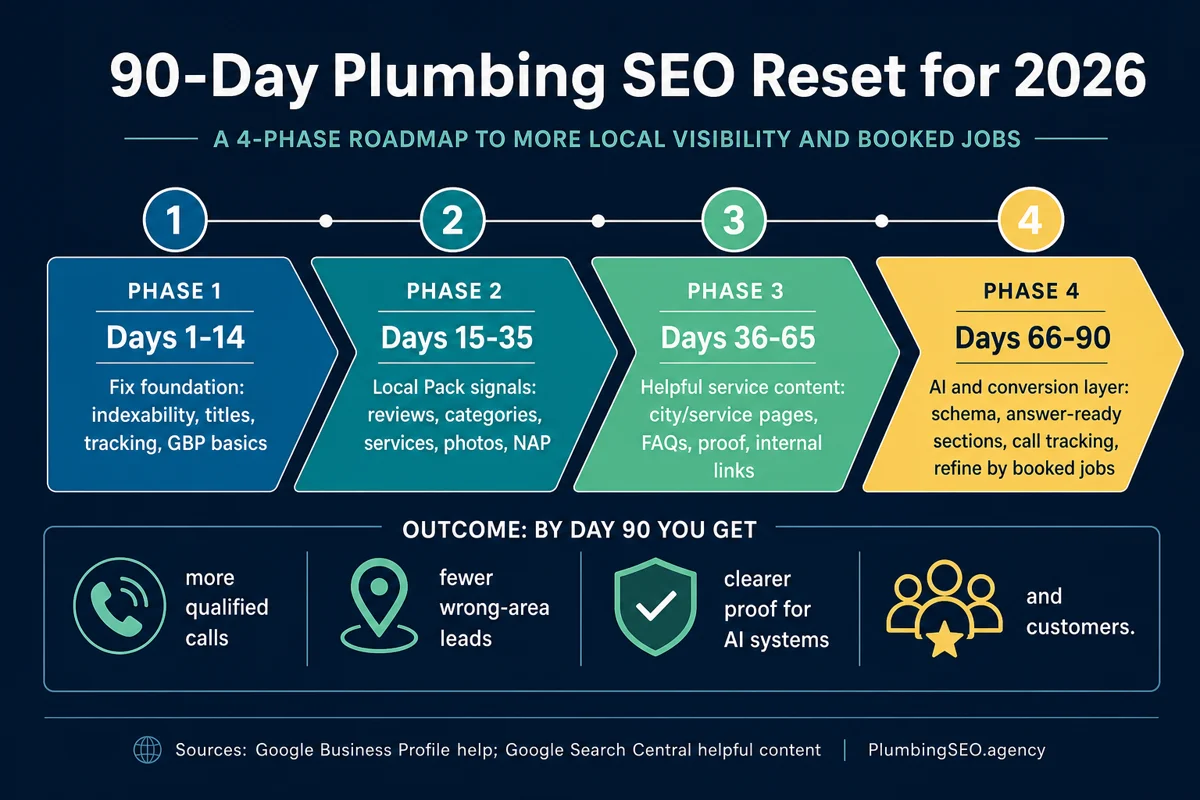 90-day plumbing SEO reset roadmap with foundation fixes, Local Pack signals, helpful service content, and AI conversion layer