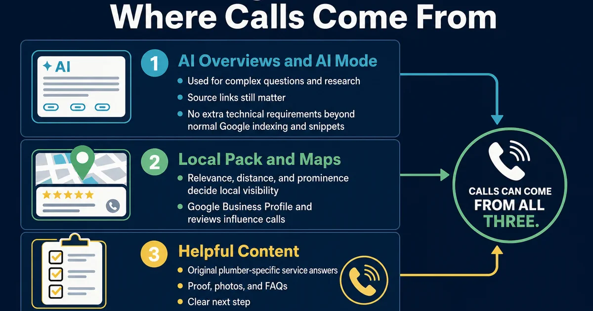 Plumbing SEO in 2026 search surface infographic showing AI Overviews, Local Pack, and helpful content