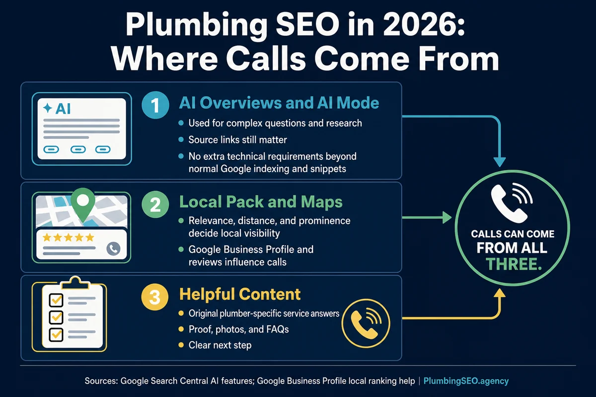 Infographic showing how AI Overviews, Local Pack results, and helpful content all contribute to plumbing SEO calls in 2026