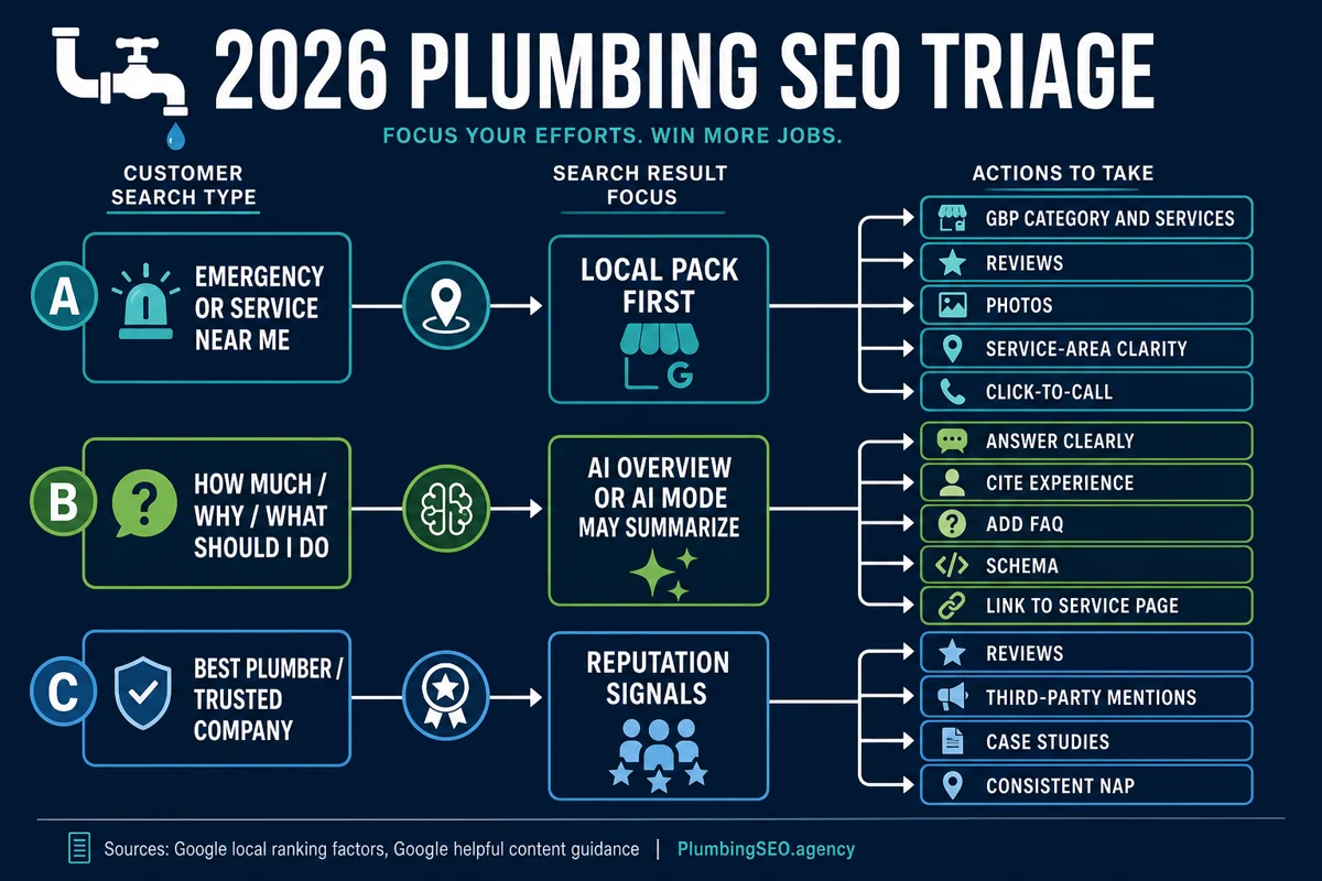 Decision tree showing how different plumbing searches should be handled by Local Pack optimization, AI answer content, or reputation signals