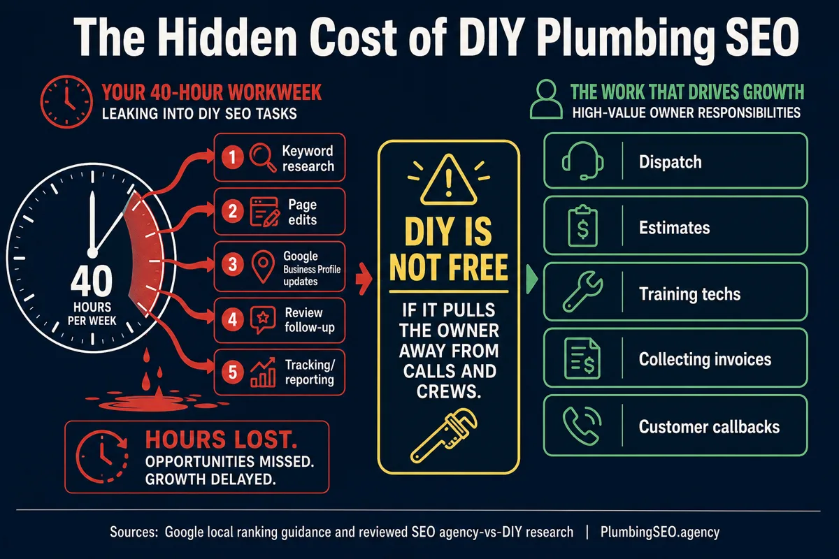 Hidden cost of DIY plumbing SEO showing owner hours competing with dispatch, estimates, technician training, invoice collection, and callbacks